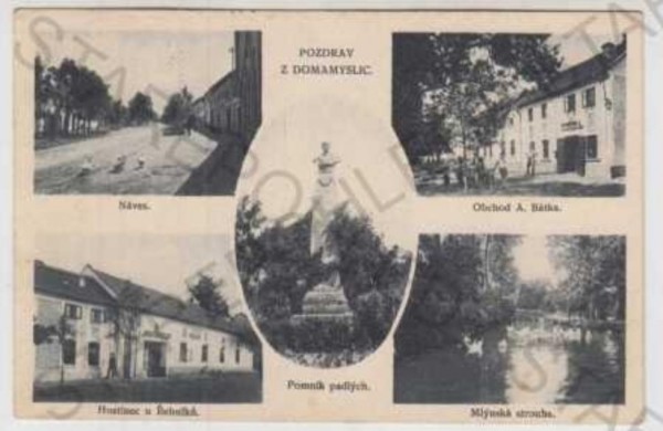 Stará pohlednice - pomník uprostřed