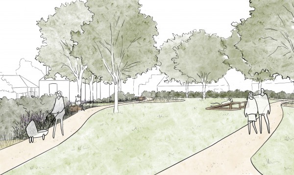 vizualizace nového řešení - nová cestní síť a mobiliář v parčíku u kaple