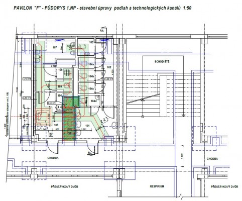 půdorys 1.NP - stavební úpravy podlah a technologických kanálů
